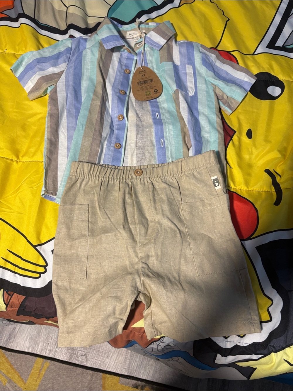Boys Linen-Blend Striped Shirt & Beige Shorts Set